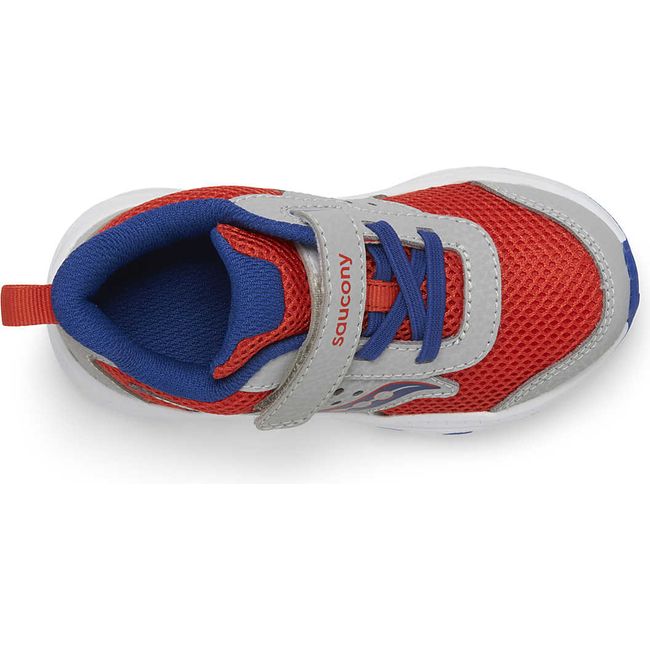 Top down view of Kids Saucony Ride 10 Jr Sneaker in red, gray, and blue with a white sole