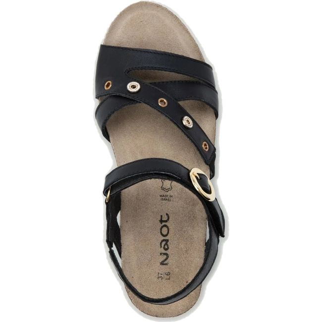 Upper of Women's Naot Sparkle Wedge Sandal in Jet Black Leather