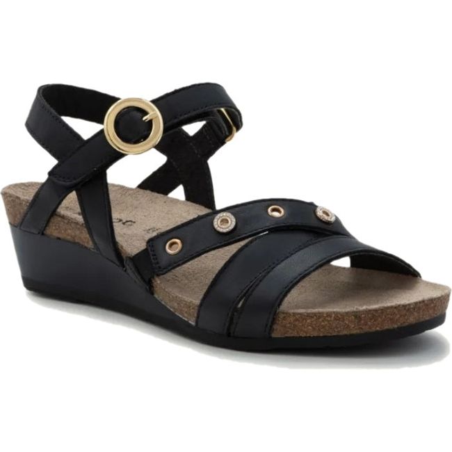 Front angled view of Women's Naot Sparkle Wedge Sandal in Jet Black Leather