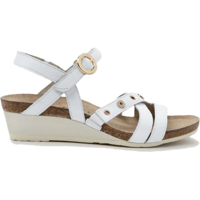 Lateral side of Women's Naot Sparkle Wedge Sandal in White Leather