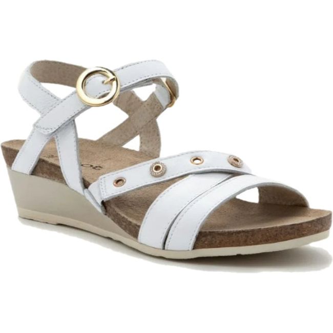 Front angled view of Women's Naot Sparkle Wedge Sandal in White Leather