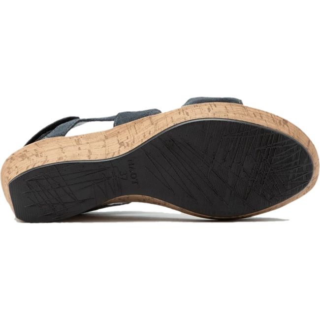 Sole of Naot Women's Sunrise Wedge Sandal in charcoal suede upper with cork wedge