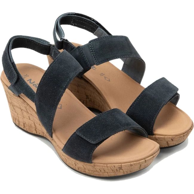 Pair of Naot Women's Sunrise Wedge Sandals in charcoal suede