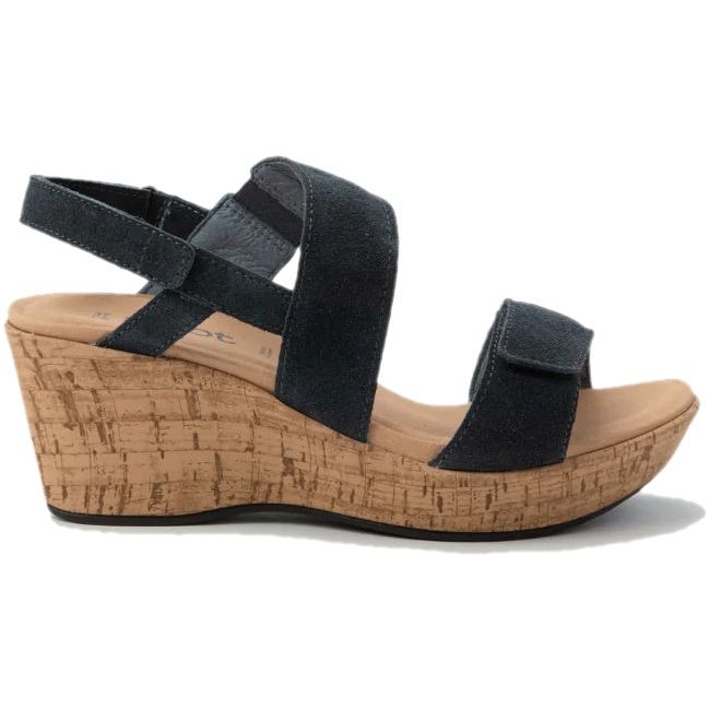 Lateral view of Naot Women's Sunrise Wedge Sandal in charcoal suede