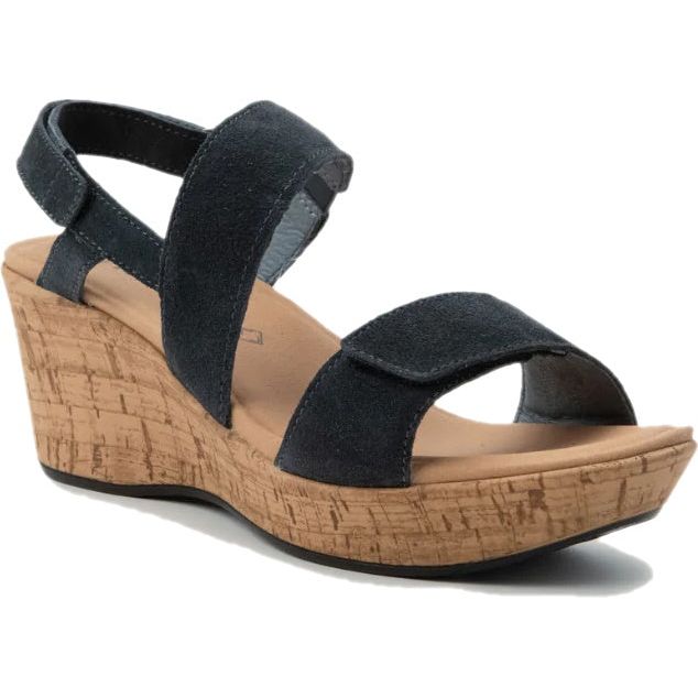 Front angled view of Naot Women's Sunrise Wedge Sandal in charcoal suede