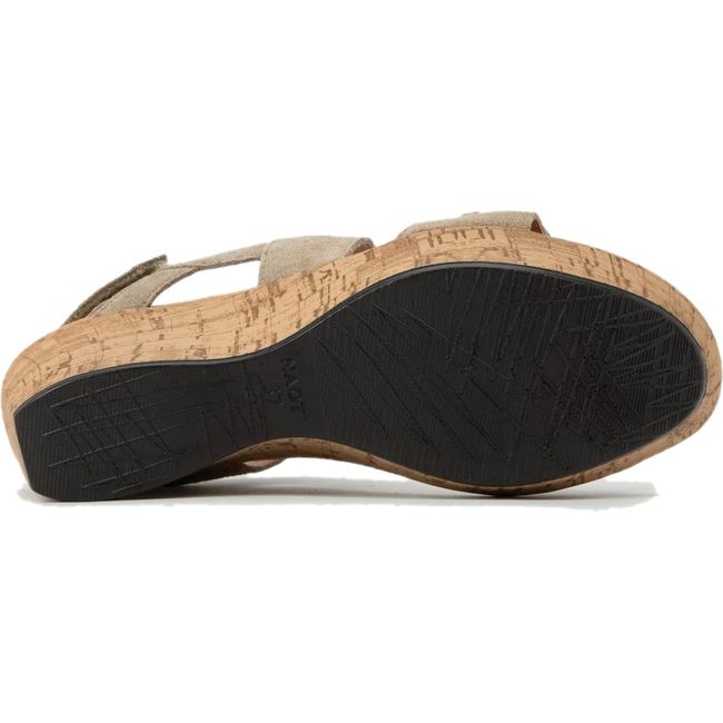Sole of Naot Womens Sunrise Wedge Sandal in almond suede, anatomic cork midsole, and black tread
