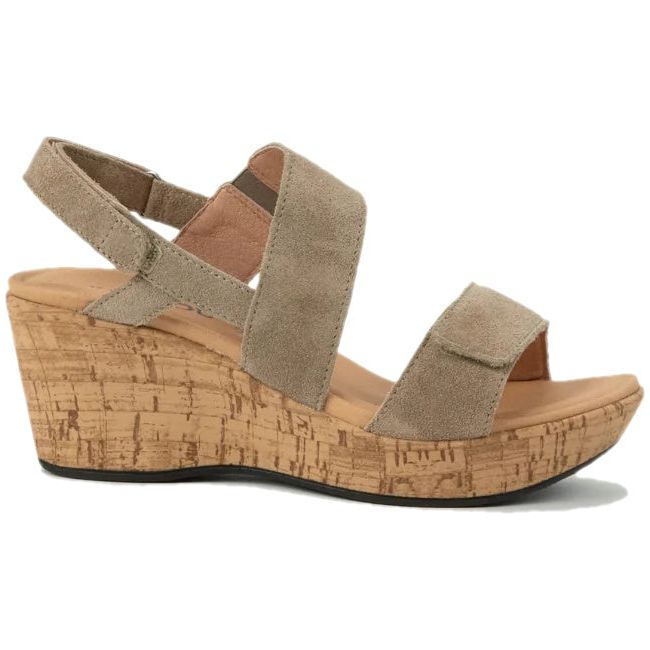 Lateral view of Naot Women's Sunrise Wedge Sandal in almond suede with anatomic cork midsole