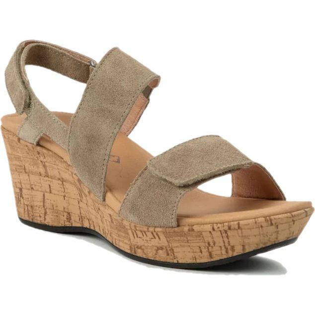 Front angled view of Naot Women's Sunrise Wedge Sandal in almond suede with anatomic cork midsole