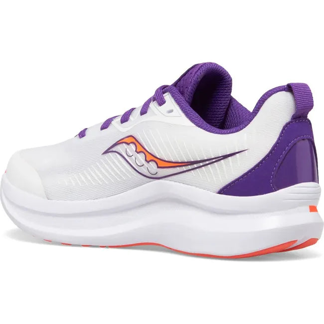 Medial side of Kids Saucony Endorphin Running Shoe in white and purple