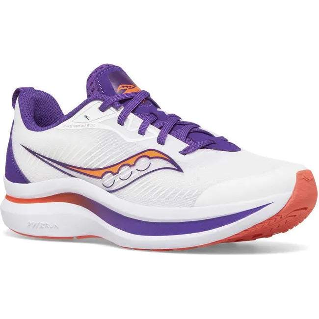 Front angled view of Kids Saucony Endorphin Running Shoe in white and purple