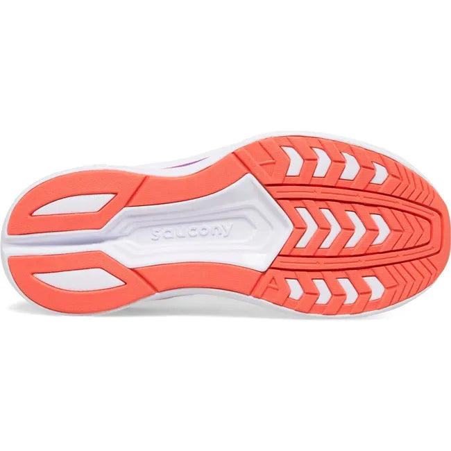 Sole of of Kids Saucony Endorphin Running Shoe in white with bright orange tread
