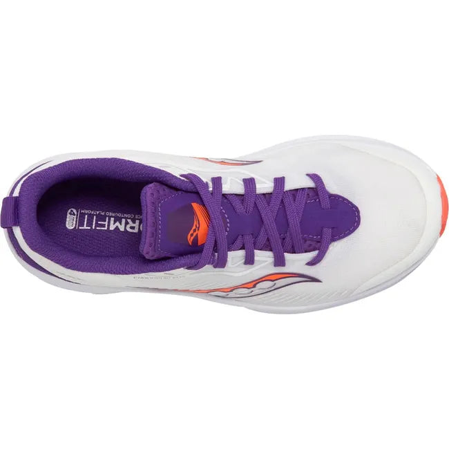 Top down view of Kids Saucony Endorphin Running Shoe in white and purple