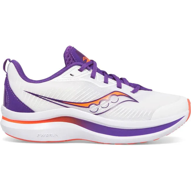 Lateral side of Kids Saucony Endorphin Running Shoe in white and purple