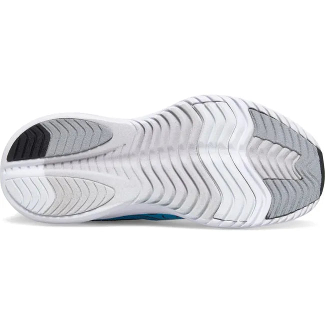 Sole of Kids Saucony Kinvara 14 Sneakers in Vizi Blue Echo colorway with a white sole and grey tread