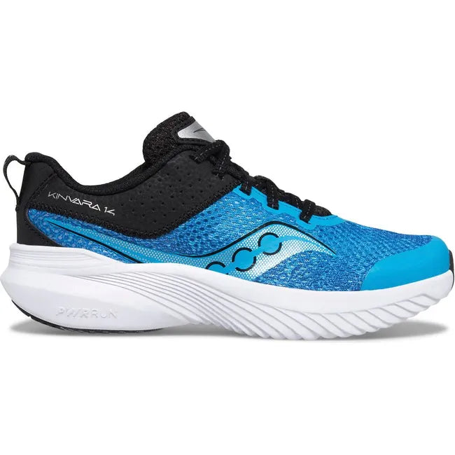 Lateral of Kids Saucony Kinvara 14 Sneakers in Vizi Blue Echo colorway, black ankle area, white sole
