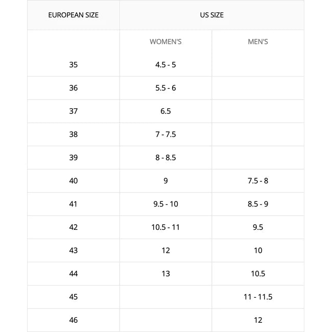 Arcopedico shoe size comparison chart