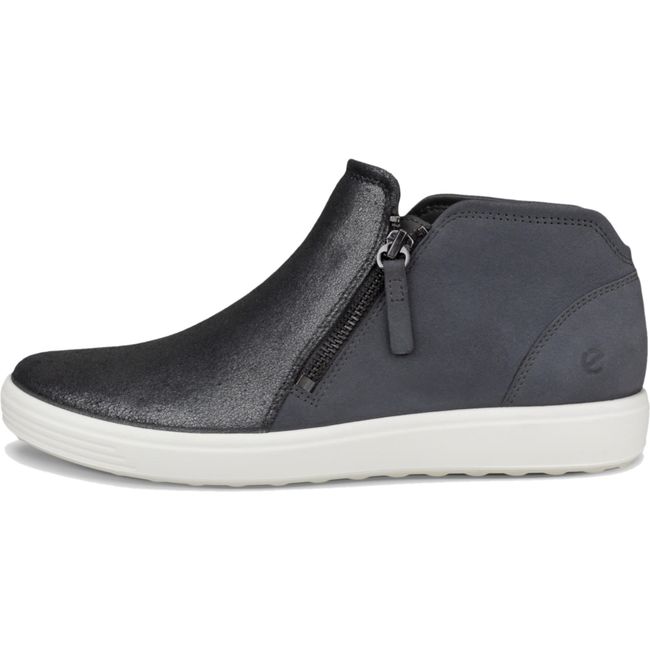 Lateral side of Womens ECCO Soft 7 Low Bootie in Silver Heavy Magnet upper color and white sole