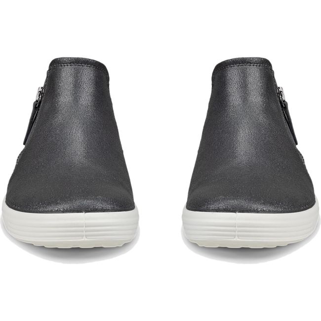 Front of Womens ECCO Soft 7 Low Booties in Silver Heavy Magnet upper color and white sole