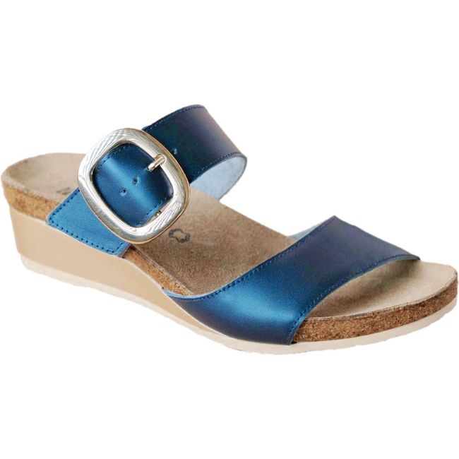 Front angled view of Naot Women's Magic Slide Sandal in polar sea blue with cork footbed