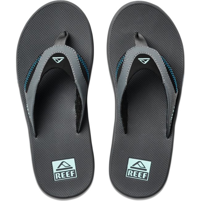 Top down view of Men's Reef Fanning Bottle Opener Flip Flop in gunmental ocean gray