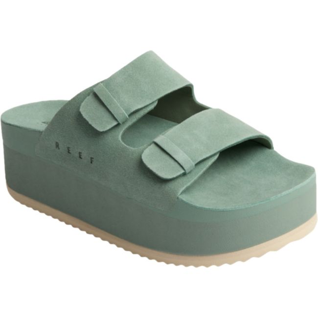 Front angled view of Women's Reef Ojai Gigi Platform Sandal in Frosty green suede