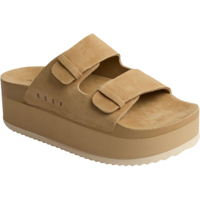 Front angled view of Women's Reef Ojai Gigi Platform Sandal in Starfish tan suede