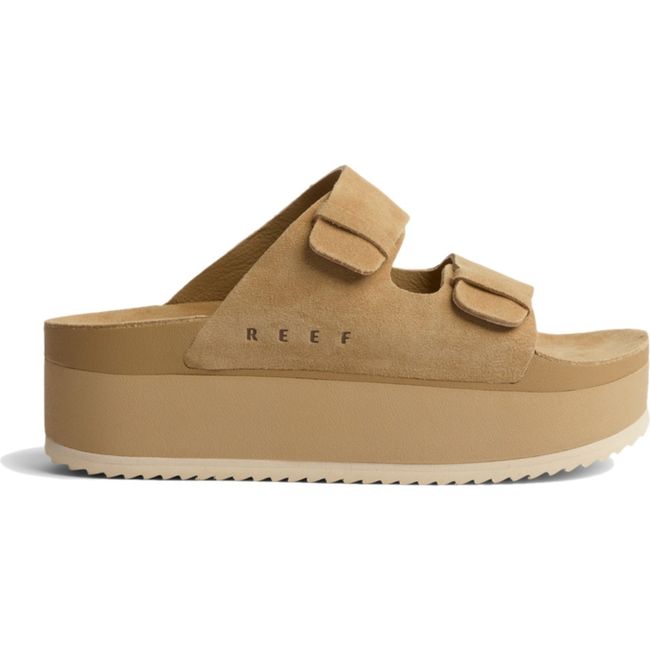 Lateral side of Women's Reef Ojai Gigi Platform Sandal in Starfish tan suede