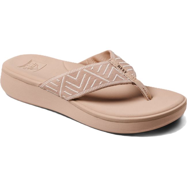 Front angled view of Women's Reef Cushion Cloud TX Flip Flop Sandal in Oasis Geo Beige