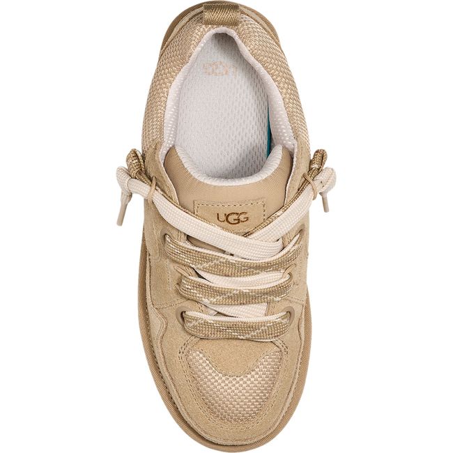 Birds eye view of lace up UGG Men's Lo Lowmel Sneaker in mustard seed beige