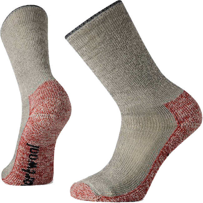Pair of Smartwool Unisex Mountaineer Classic Edition Crew Sock in Charcoal with red under foot