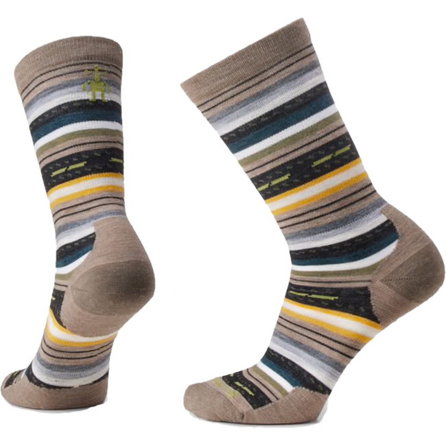 Pair of Smartwool Unisex Everyday Margarita Zero Cushion Crew Sock in Striped Fossil Brown Multicolor