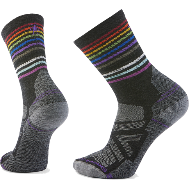 Pair of Black Smartwool Unisex Hike Pride Light Cushion Crew Sock in Rainbow Pride Stripes
