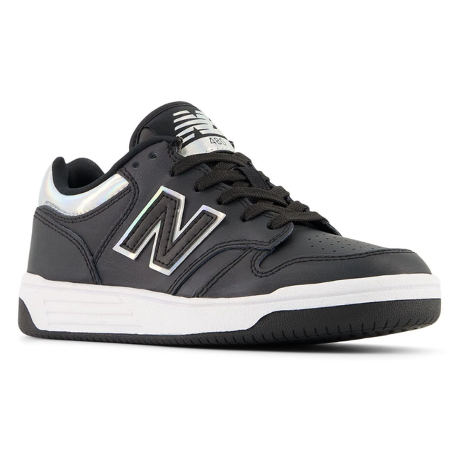 Front angled view of New Balance Little Kids' 480 Lifestyle Shoe in Black and White
