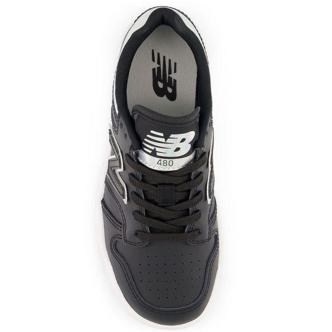 Leather upper of New Balance Little Kids' 480 Lifestyle Shoe in Black and White
