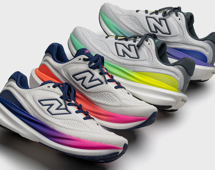 New Balance 1080v15 running shoes in four gradient colorways arranged in a diagonal layout on a white background
