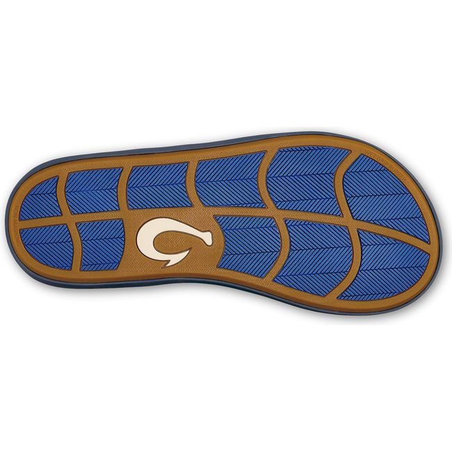 Sole of Men's Olukai Ki'i Flip Flop in Blossom Mood Indigo with tan outsole and blue tread