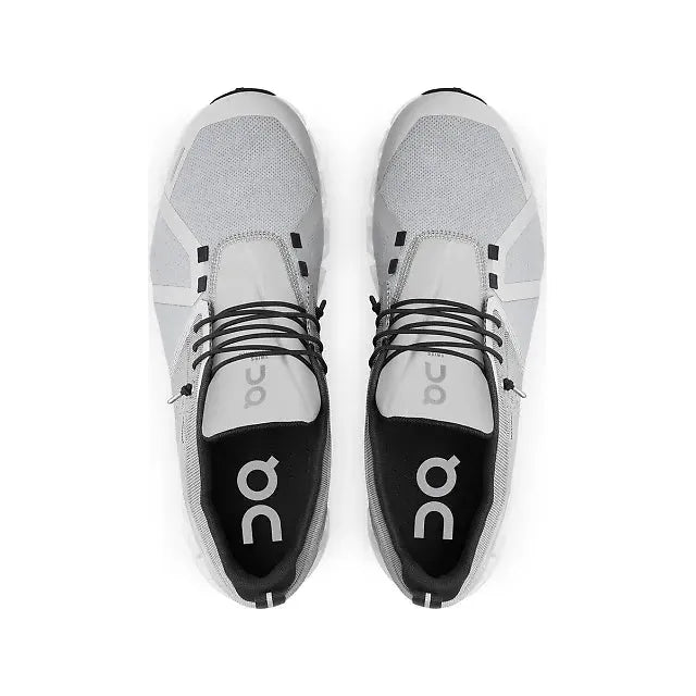 Lateral side of On Cloud 5 Waterproof running shoe in light grey, black insole, and slip on lacing