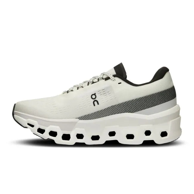 Medial side of On Running Women's Cloudmonster 2 Running Shoe in Undyed White Frost
