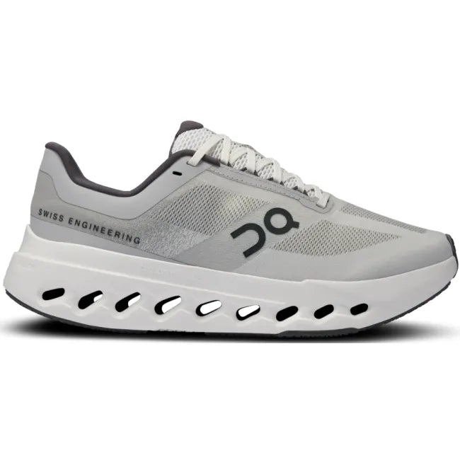 Lateral side of On Running Women's Cloudsurfer Next Running Shoe in in glacier grey and white