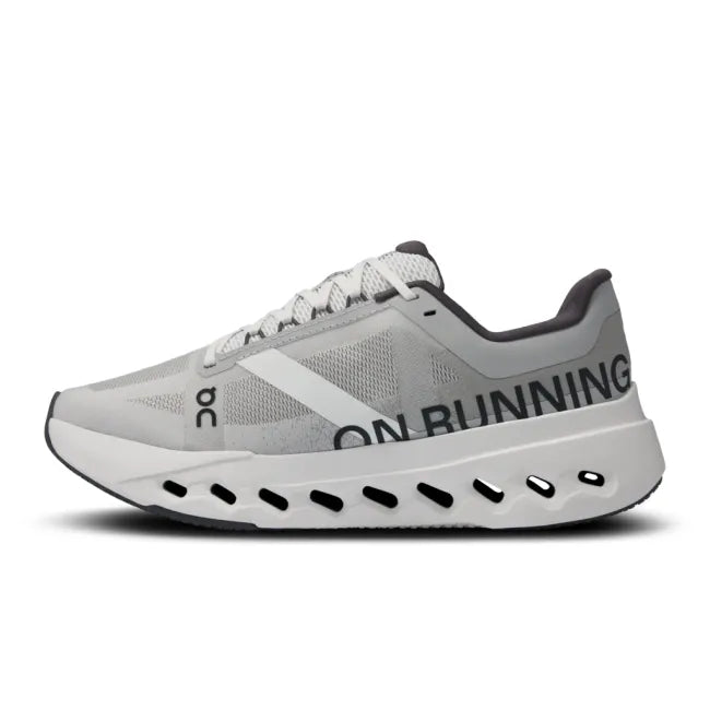 Medial side of On Running Women's Cloudsurfer Next Running Shoe in in glacier grey and white