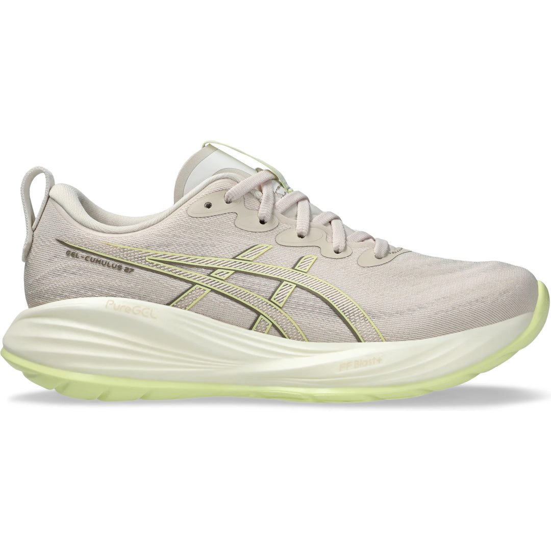 Side of ASICS Women's Gel-Cumulus 27 Running Shoe in Beige/Yellow