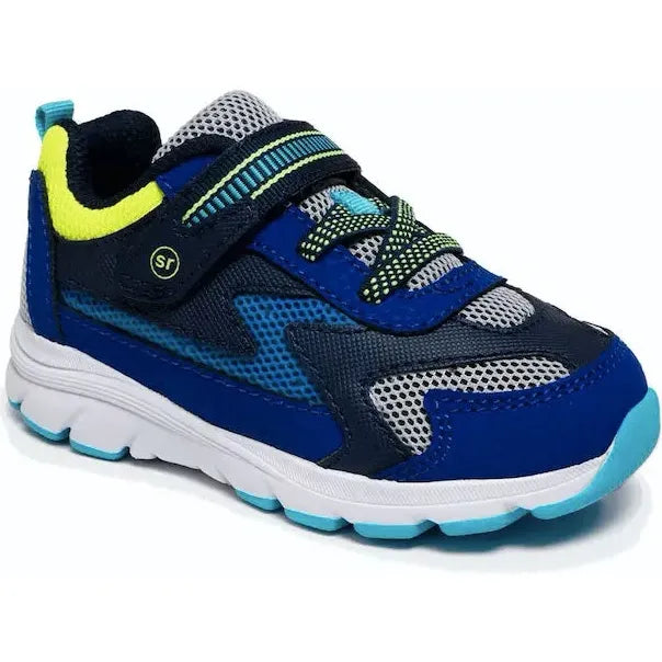 Front angled view of Stride Rite Kids' Lighted Cosmic light up Sneaker in Navy Multi