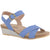 Lateral side angled view of the Naot Women's Throne Wedge Sandal in sapphire blue leather, featuring a hook-and-loop Velcro strap at the ankle, a 1.75-inch polyurethane wedge sole, and a cork footbed.