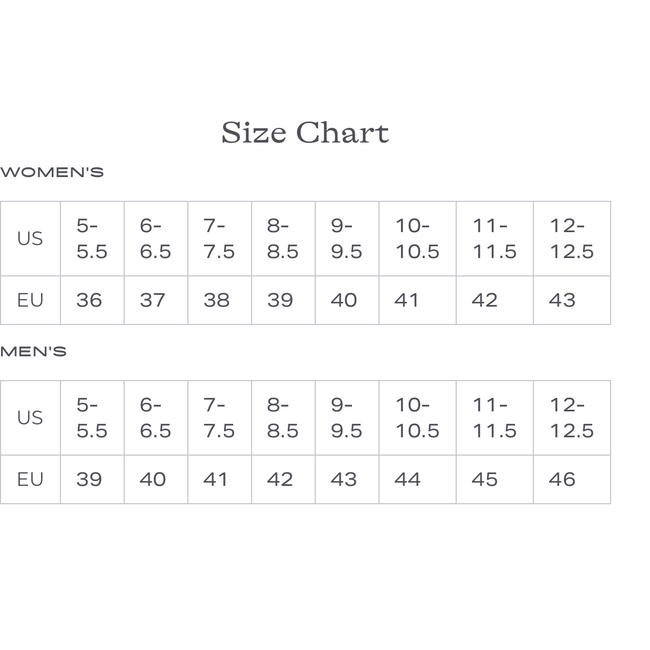 Taos Size Chart for men and women