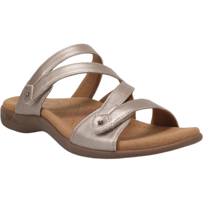 Front angled view of Women&#39;s Taos Double U Slide Sandal in Champagne leather