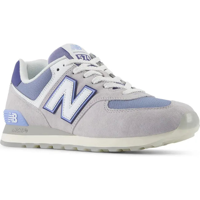 Front angled view of Unisex New Balance 574 Lifestyle Shoe in Pearl Grey and NB White