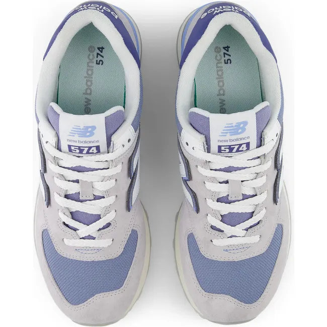 Lace up upper of Unisex New Balance 574 Lifestyle Shoes in Pearl Grey and NB White
