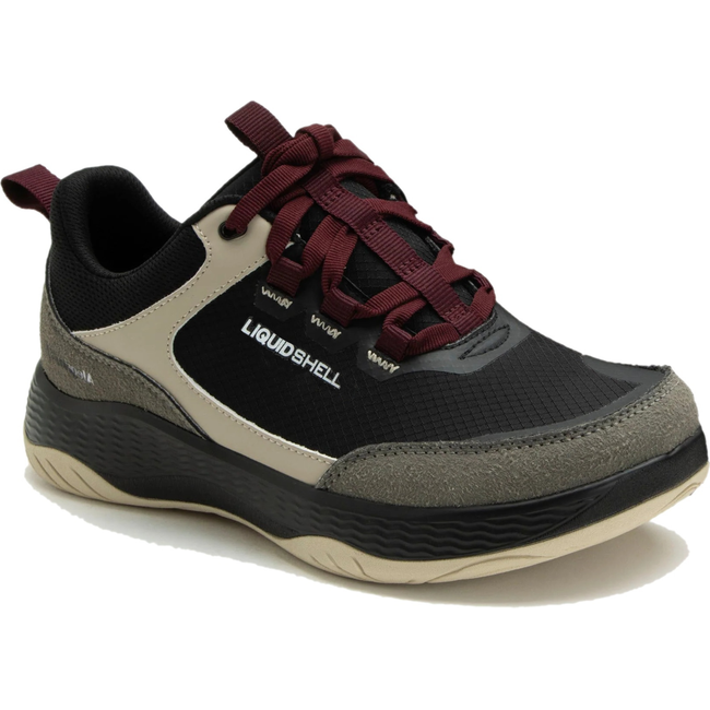 Frotn angled view of Alegria Women's Motov8 Water Repellent Sneaker in Raven Black