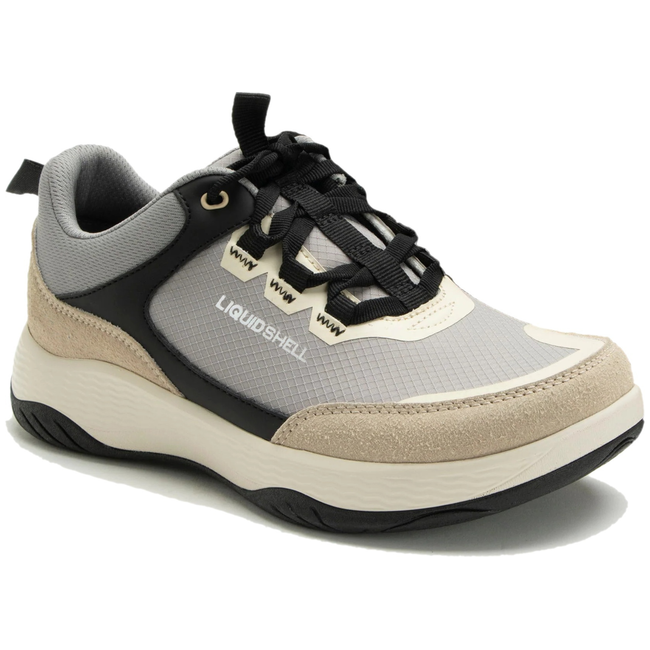 Front angled view of Alegria Women's Motov8 Water Repellent Shoe in moonrock grey and beige