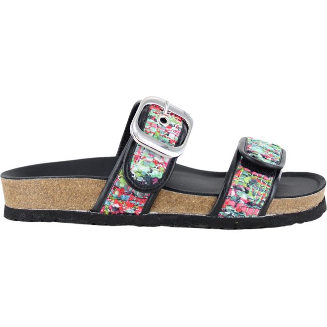 Lateral side of Women's Naot Nashville Slide Sandal in Pink-White Tweed and Soft Black